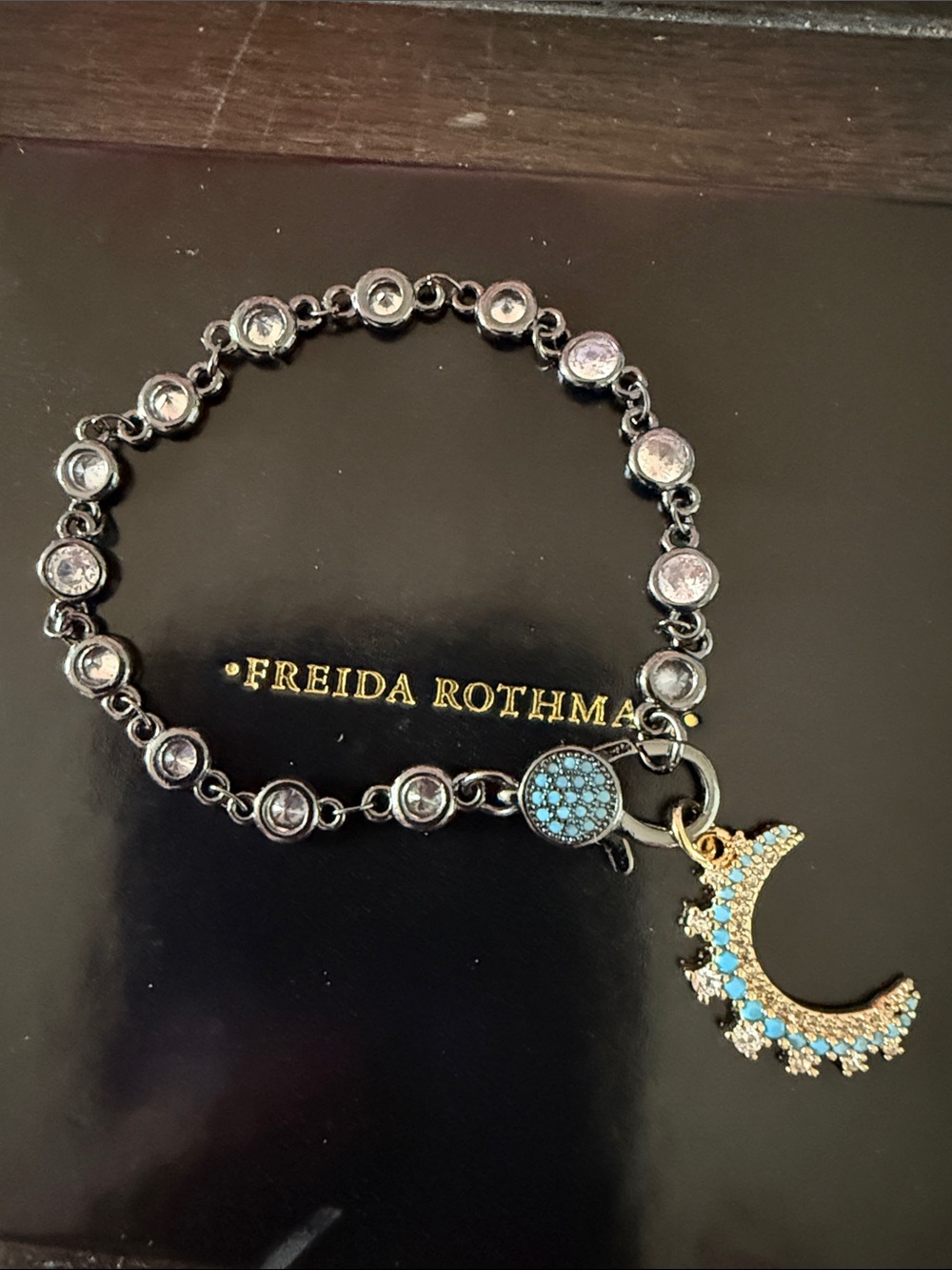 Freida Rothman Gold and Turquoise Crescent Moon Charm Bracelet 6.5 in